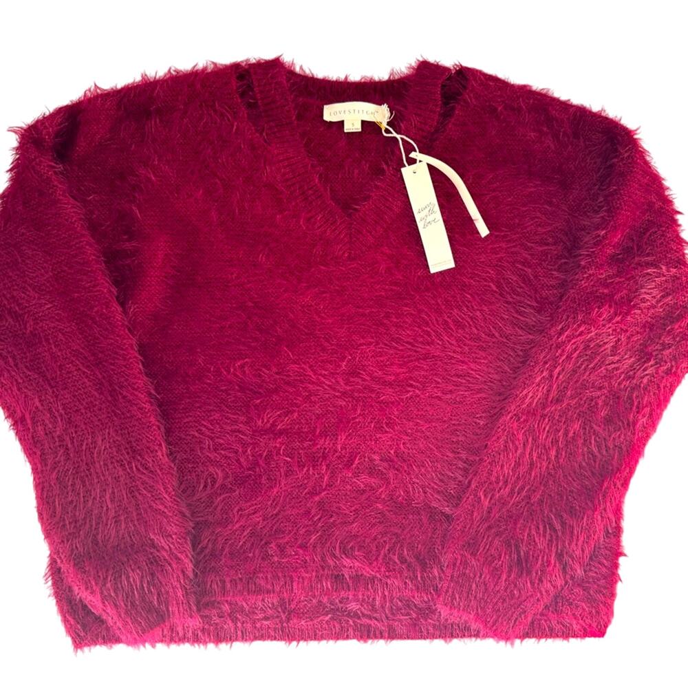 New Lovestitch V-Neck Soft Cozy Pinkish Red Sweater S Oversize Cut Out NWT